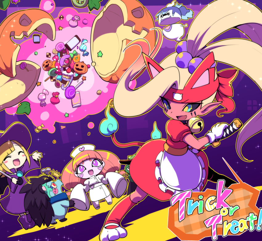 3girls, bell, black_sclera, blonde_hair, candy, character_request, colored_sclera, cosplay