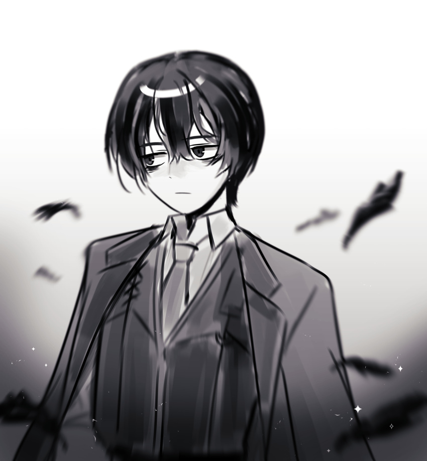 1boy, absurdres, collared_shirt, feathers, greyscale, highres, limbus_company, looking_to_the_side