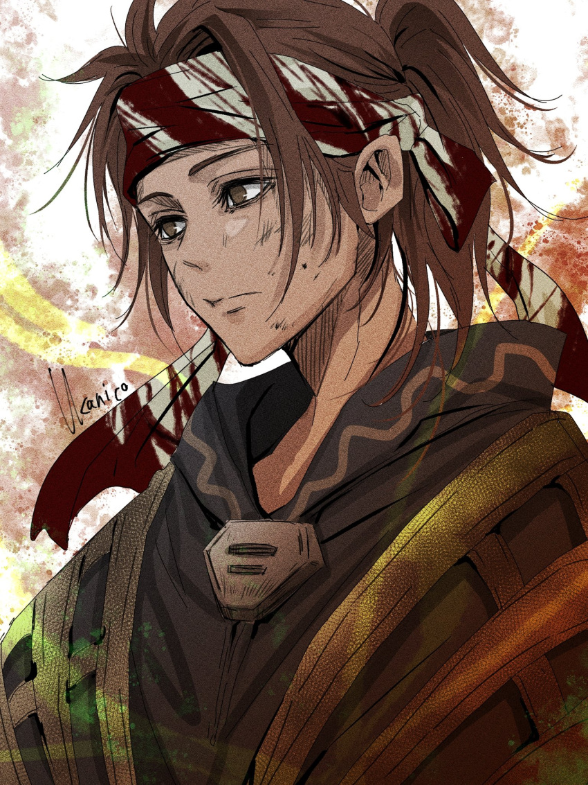 1boy, artist_name, black_robe, brown_eyes, brown_hair, closed_mouth, dirty, dirty_face, final_fantasy, final_fantasy_vii, final_fantasy_vii_ever_crisis, headband, highres, hood, hood_down, hooded_robe, looking_to_the_side, male_focus, parted_bangs, ponytail, portrait, red_headband, robe, rosen_(ff7ec), solo, striped_headband, tan, ukanicoponpon, upper_body, white_headband