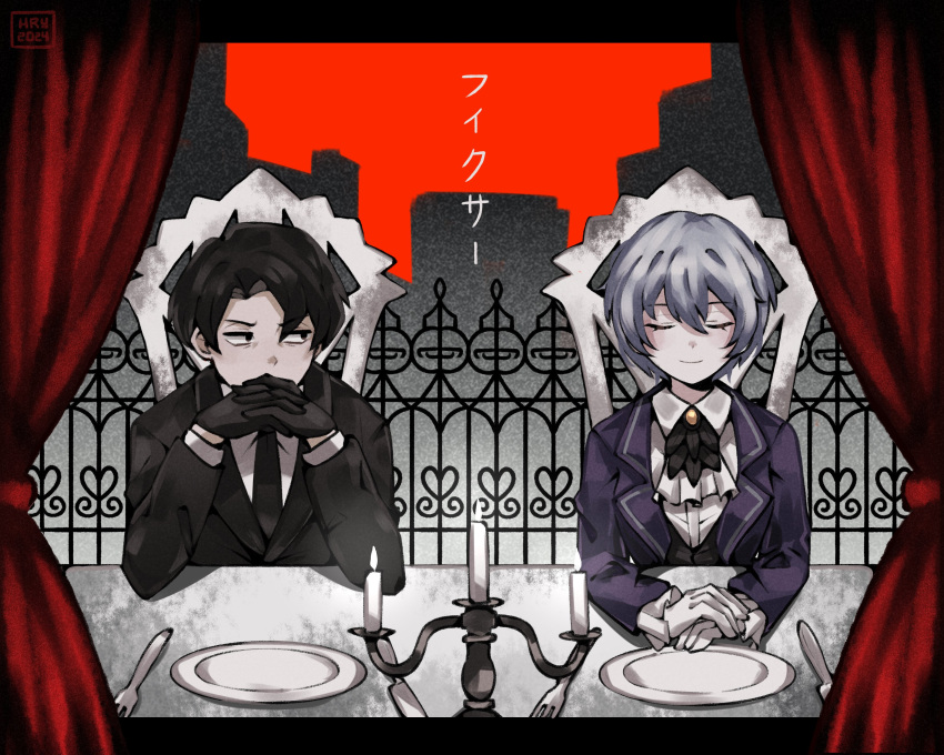 1boy, 1girl, 2024, absurdres, angela_(project_moon), artist_logo, black_eyes, black_gloves