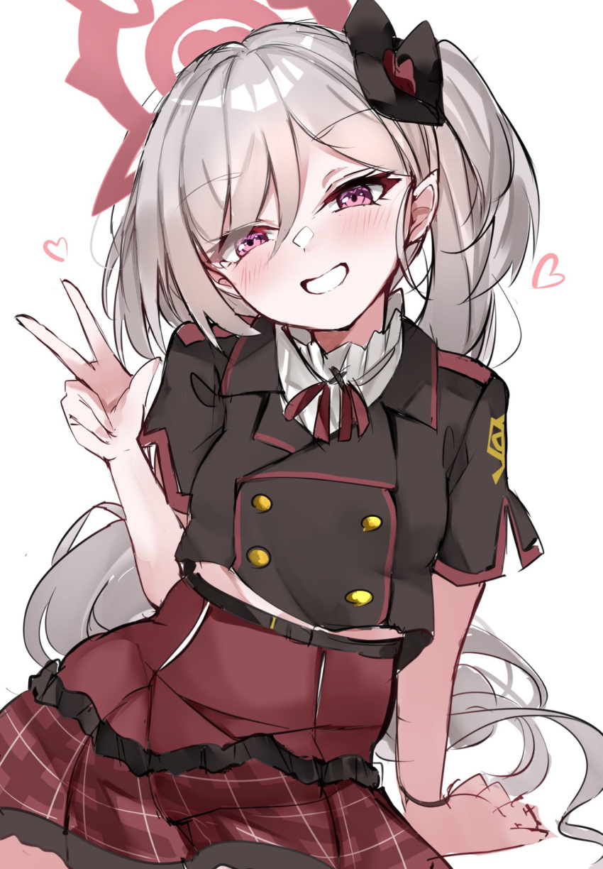 1girl, black_shirt, blue_archive, blush, cowboy_shot, grey_hair, grin, halo