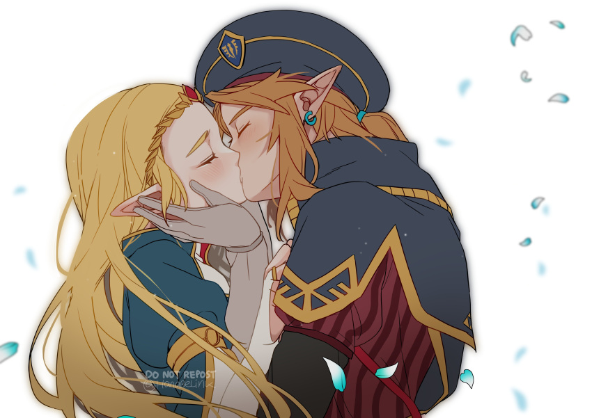 absurdres, blonde_hair, blue_capelet, blue_petals, blue_shirt, blush, capelet, closed_eyes