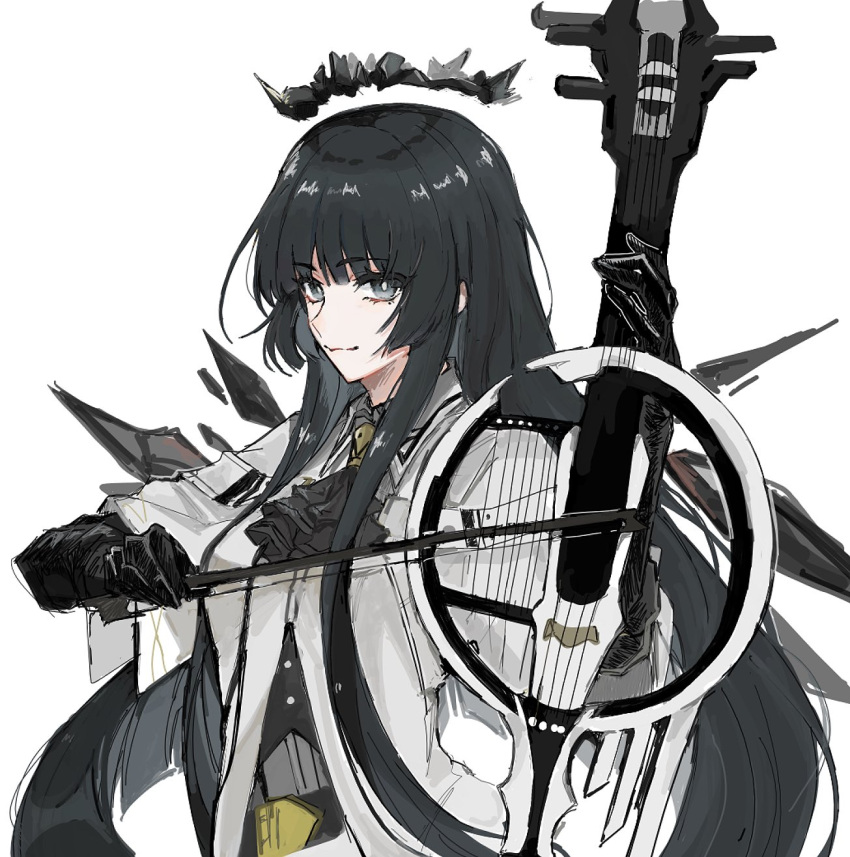 1girl, arknights, ascot, black_ascot, black_gloves, black_hair, bright_pupils, commentary_request