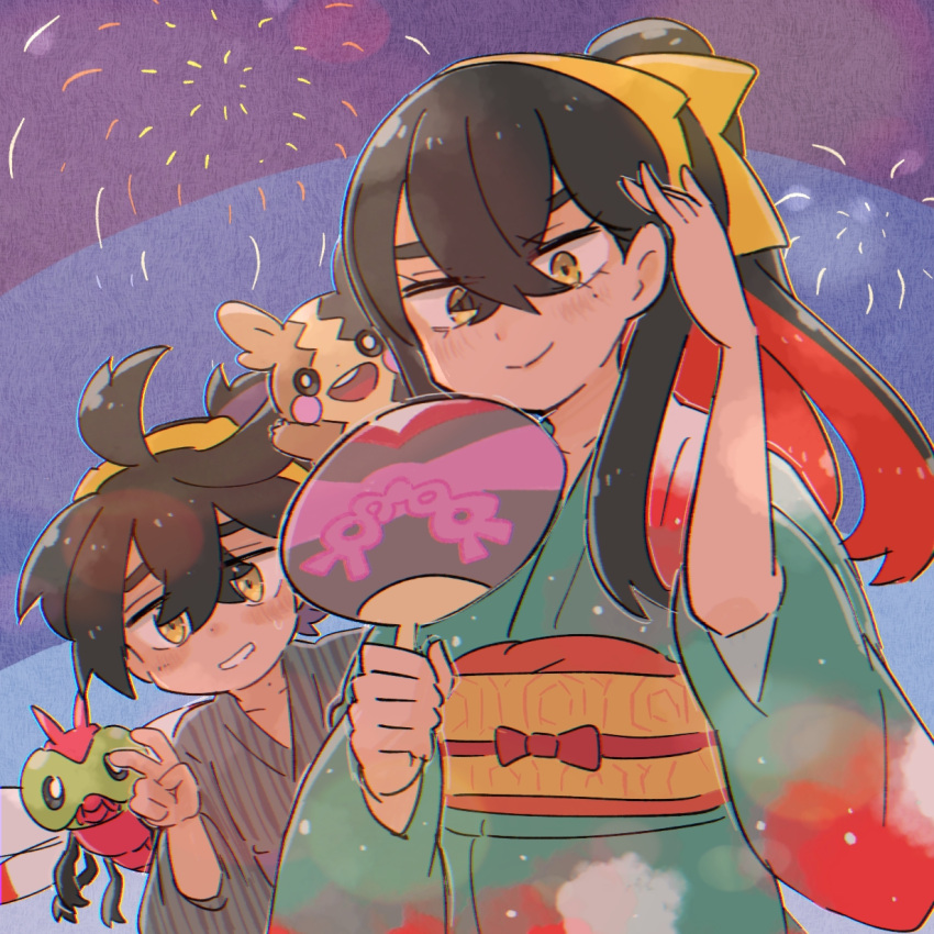 1boy, 1girl, aerial_fireworks, black_hair, blush, carmine_(pokemon), closed_mouth, commentary_request, crossed_bangs, fireworks, green_kimono, grin, hair_behind_ear, hair_between_eyes, hairband, highres, holding, holding_paddle, japanese_clothes, kieran_(pokemon), kimono, looking_down, mole, mole_under_eye, morpeko, morpeko_(full), paddle, pokemon, pokemon_(creature), pokemon_sv, sash, sidelocks, smile, teeth, tyokamaru, v, yanma, yellow_eyes, yellow_hairband, yellow_sash, yukata