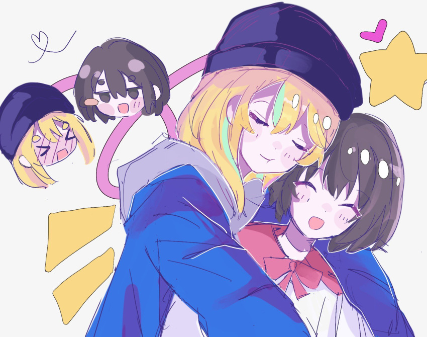 >_<, ^_^, black_beanie, blonde_hair, blue_jacket, blush, brown_hair, cheek_press, closed_eyes, commentary, english_commentary, full-face_blush, green_hair, grey_hoodie, highres, hood, hood_down, hoodie, hug, hug_from_behind, jacket, kouzuki_mahiru, long_hair, long_sleeves, multicolored_hair, open_mouth, sere_(_h11r_agi), short_hair, smug, streaked_hair, yamanouchi_kano, yoru_no_kurage_wa_oyogenai, yuri