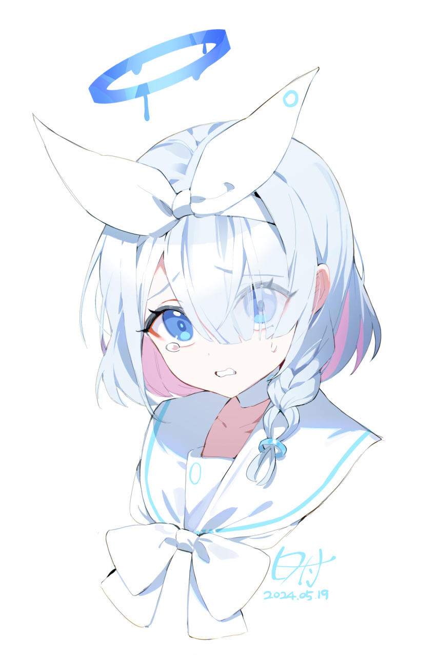 1girl, absurdres, arona_(blue_archive), blue_archive, blue_eyes, blue_hair, blue_halo, braid, colored_inner_hair, dated, eyes_visible_through_hair, hair_over_one_eye, halo, highres, looking_at_viewer, multicolored_hair, open_mouth, pink_hair, portrait, sailor_collar, seizou_hidzuke, short_hair, signature, simple_background, single_braid, solo, white_background, white_sailor_collar