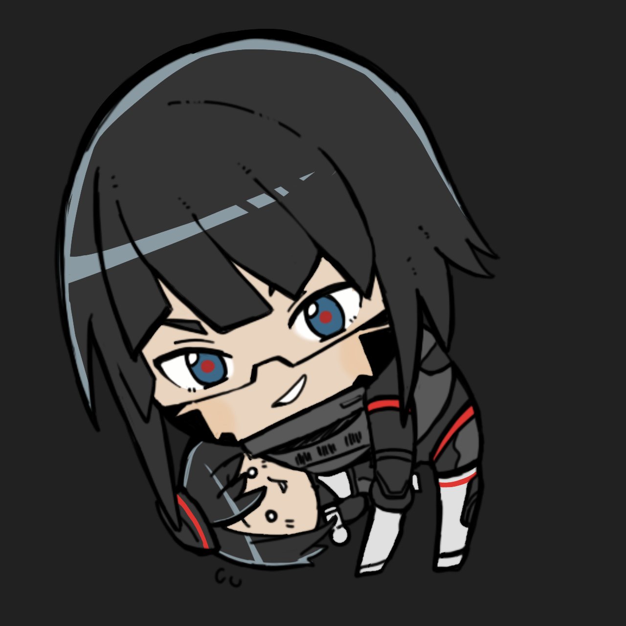 2girls, android, armor, black_background, black_hair, blue_eyes, chibi, digitigrade