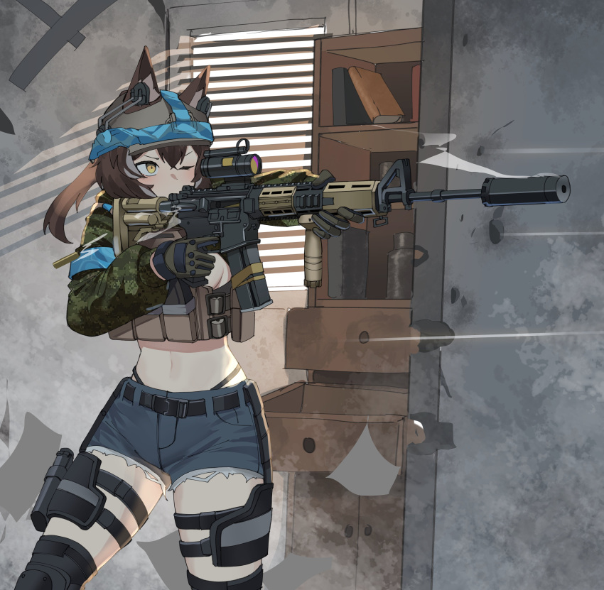 1girl, absurdres, animal_ears, armband, blue_armband, brown_hair, bulletproof_vest, cadpat, callisto_(greyeth), camouflage, close_quarters_combat, colt_canada_c7, combat_helmet, commission, denim, denim_shorts, digital_camouflage, fox_ears, gar32, gun, helmet, highres, holding, holding_gun, holding_weapon, holster, load_bearing_vest, original, shorts, suppressor, thigh_holster, vertical_foregrip, weapon