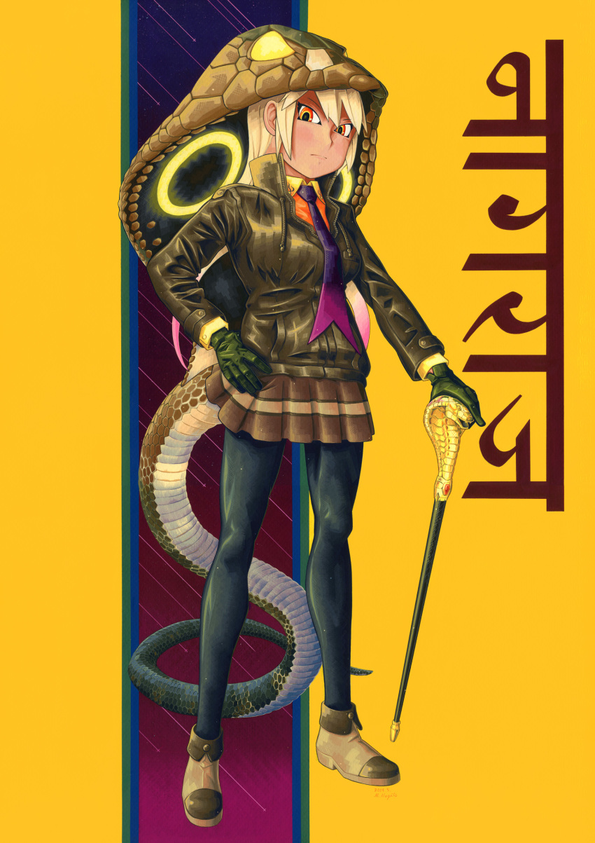 1girl, animal_hood, animal_print, black_pantyhose, blonde_hair, brown_footwear, brown_jacket, brown_skirt
