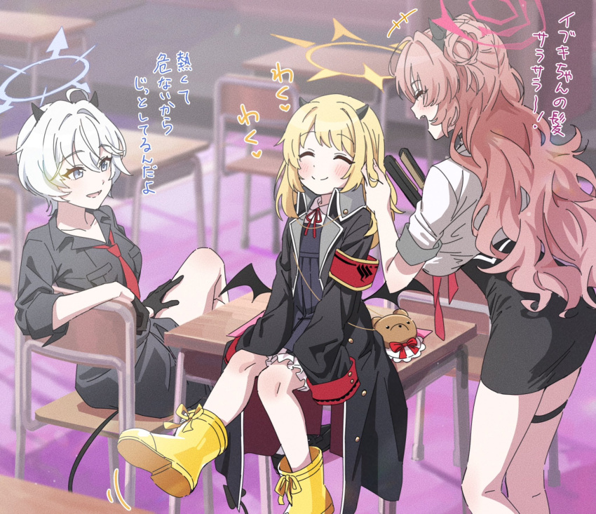 3girls, black_coat, black_dress, black_horns, black_shirt, black_skirt, black_tail, black_wings