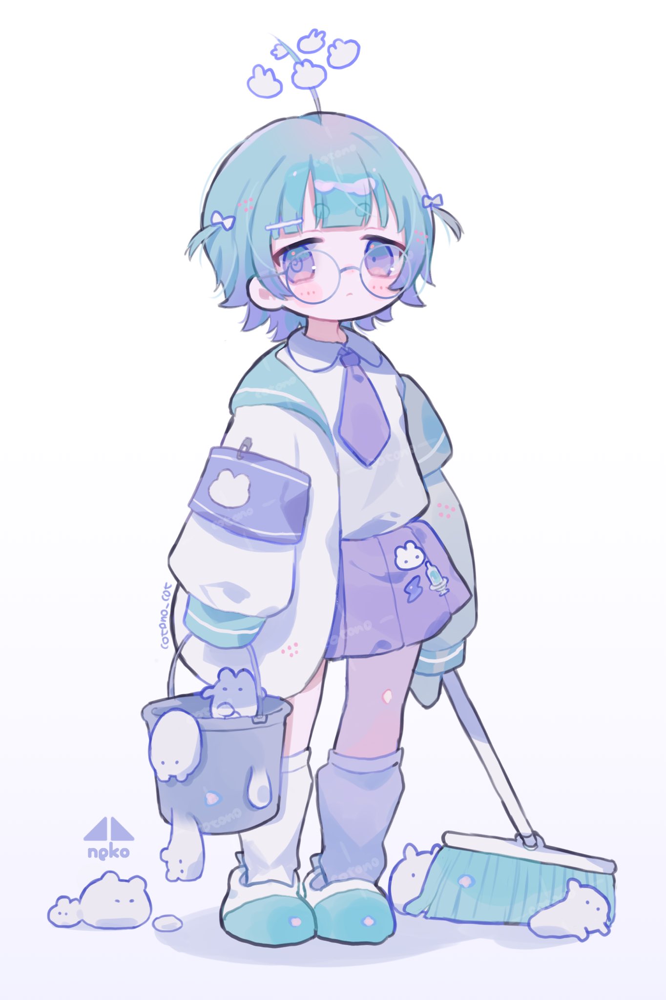 1girl, ahoge, aqua_coat, aqua_footwear, aqua_hair, aqua_wrist_cuffs, arms_at_sides, artist_name