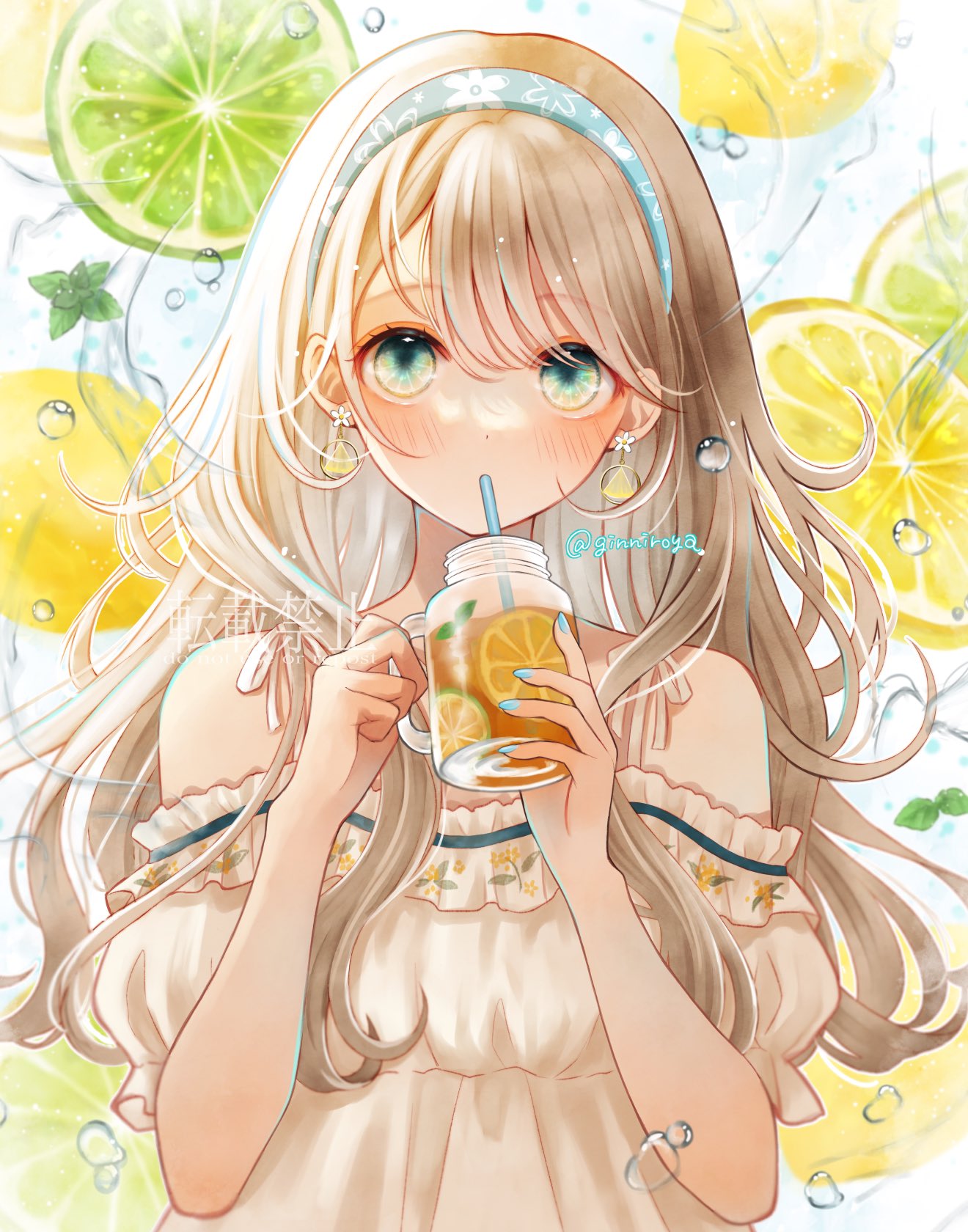 1girl, air_bubble, aqua_trim, artist_name, blonde_hair, blue_hairband, blue_nails, blurry
