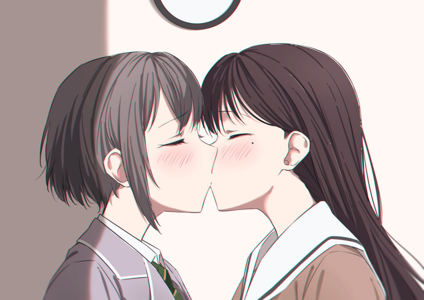 2girls, absurdres, bang_dream!, bang_dream!_it's_mygo!!!!!, blush, brown_dress, brown_hair, chromatic_aberration