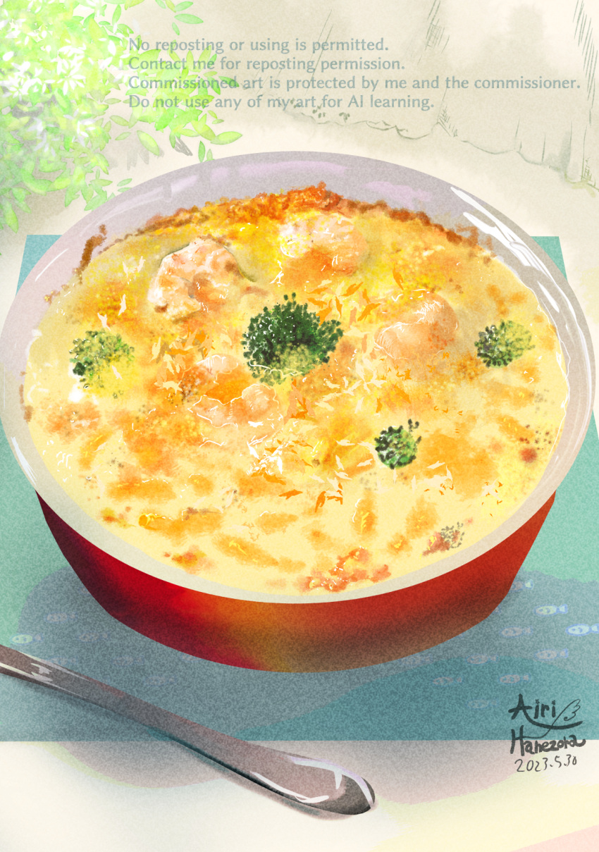 airihanezora, artist_name, broccoli, cheese, clip_studio_paint_(medium), cooking_pot, dated, english_text