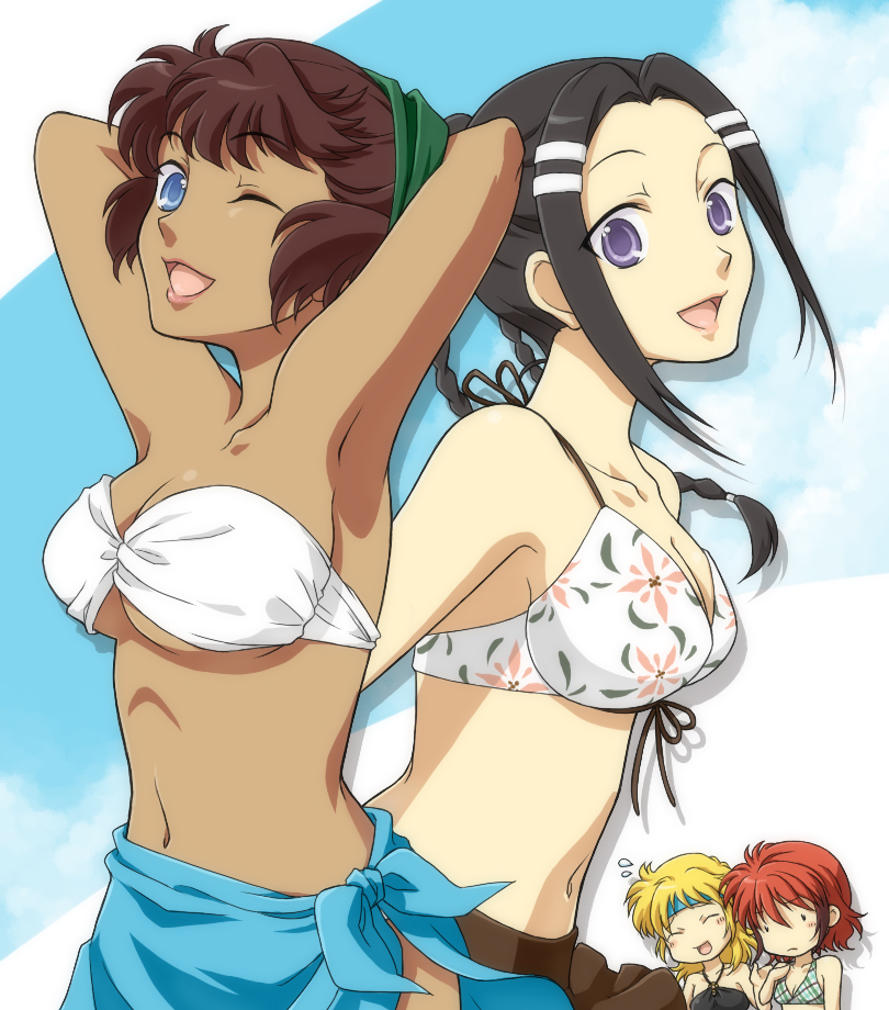 4girls, bandeau, black_hair, blonde_hair, breast_envy, breasts, brown_hair, collarbone