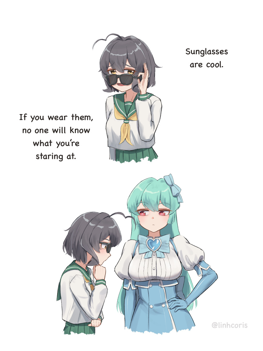 2girls, absurdres, ahoge, aqua_hair, black_hair, blue_bow, blue_gloves, blue_skirt