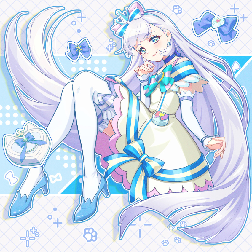 1girl, abstract_background, blue_bow, blue_choker, blue_crown, blue_eyes, blue_footwear, bow