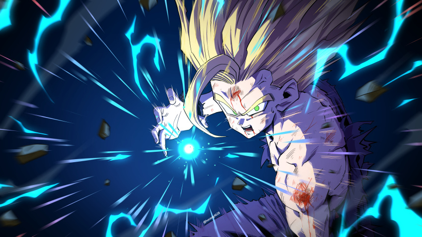 1boy, absurdres, aura, blonde_hair, blood, blood_on_body, blood_on_face, blood_on_shoulder, dougi, dragon_ball, dragon_ball_z, electricity, energy, father-son_kamehameha, green_eyes, highres, horang4628, injury, kamehameha_(dragon_ball), medium_hair, pants, purple_pants, purple_shirt, shirt, solo, son_gohan, spiky_hair, super_saiyan, super_saiyan_2, torn_clothes, torn_shirt, twitter_username, upper_body