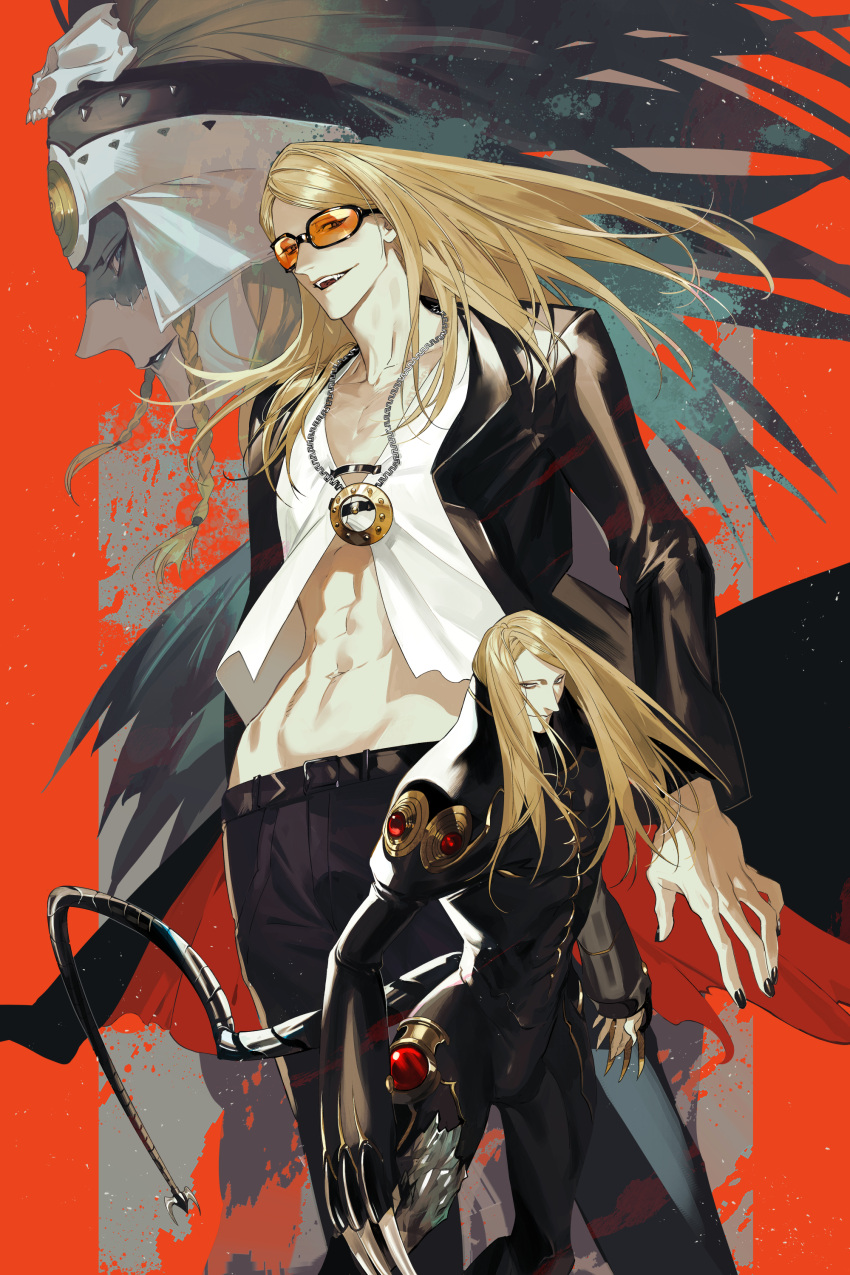 1boy, absurdres, black_jacket, black_nails, blonde_hair, double_exposure, dual_persona, fate/grand_order