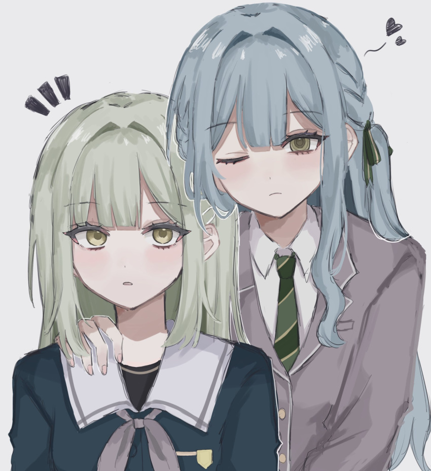 2girls, bang_dream!, bang_dream!_it's_mygo!!!!!, blue_hair, blue_shirt, closed_mouth, collared_shirt, commentary_request