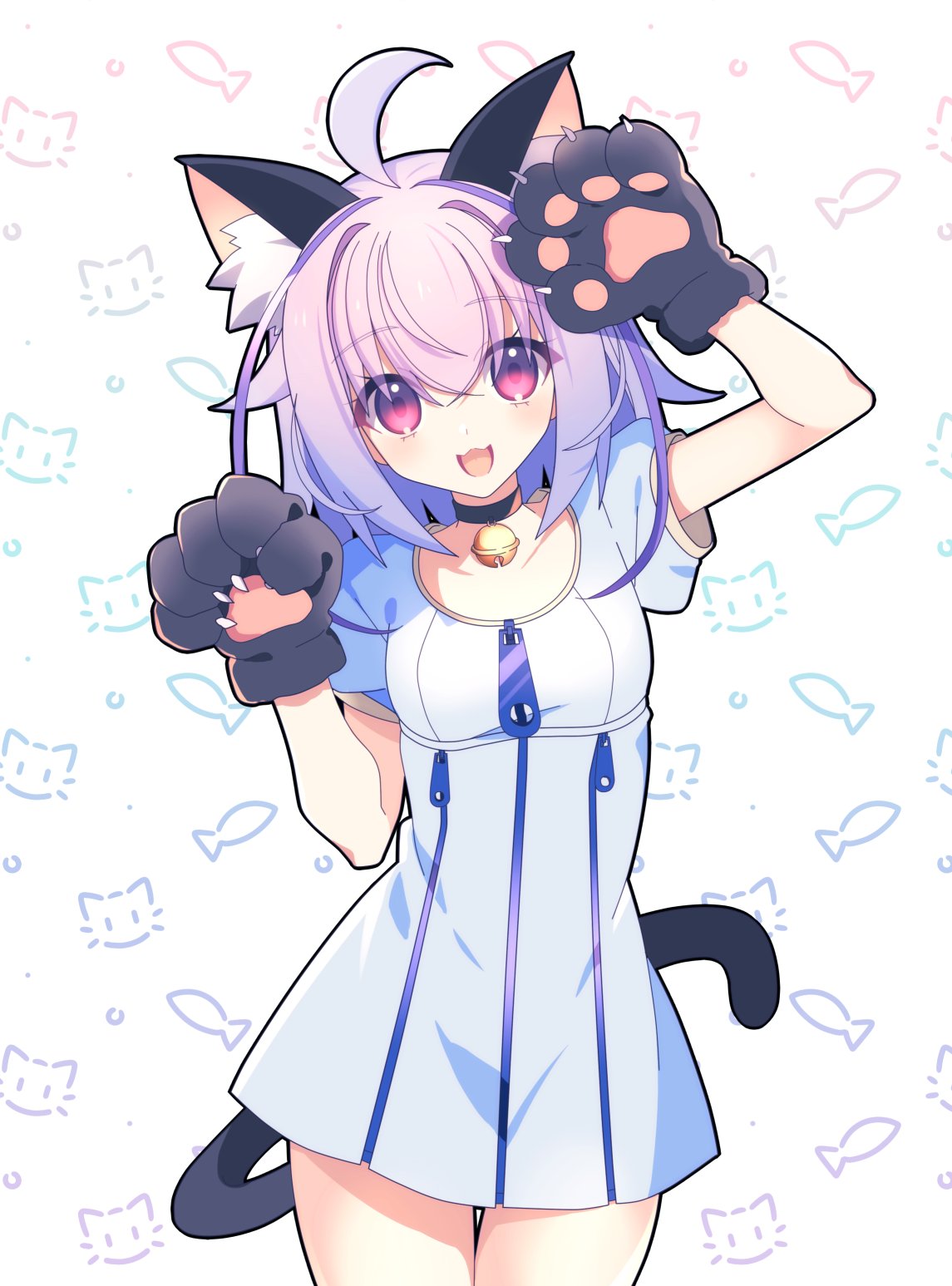 1girl, :3, ahoge, animal_ear_fluff, animal_ears, animal_hands, antenna_hair, azure_striker_gunvolt