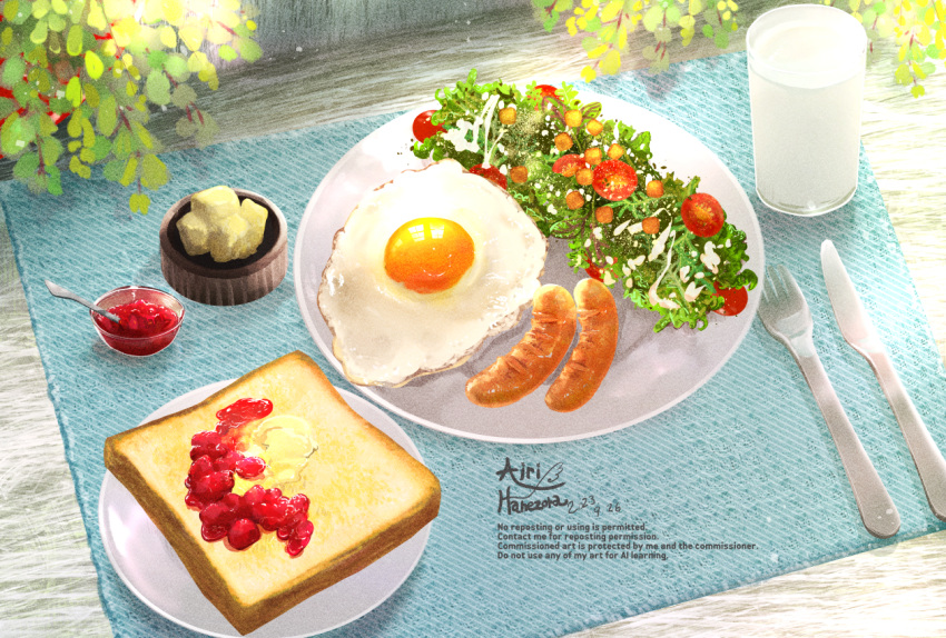 airihanezora, artist_name, bread, bread_slice, breakfast, butter, cherry_tomato, clip_studio_paint_(medium)