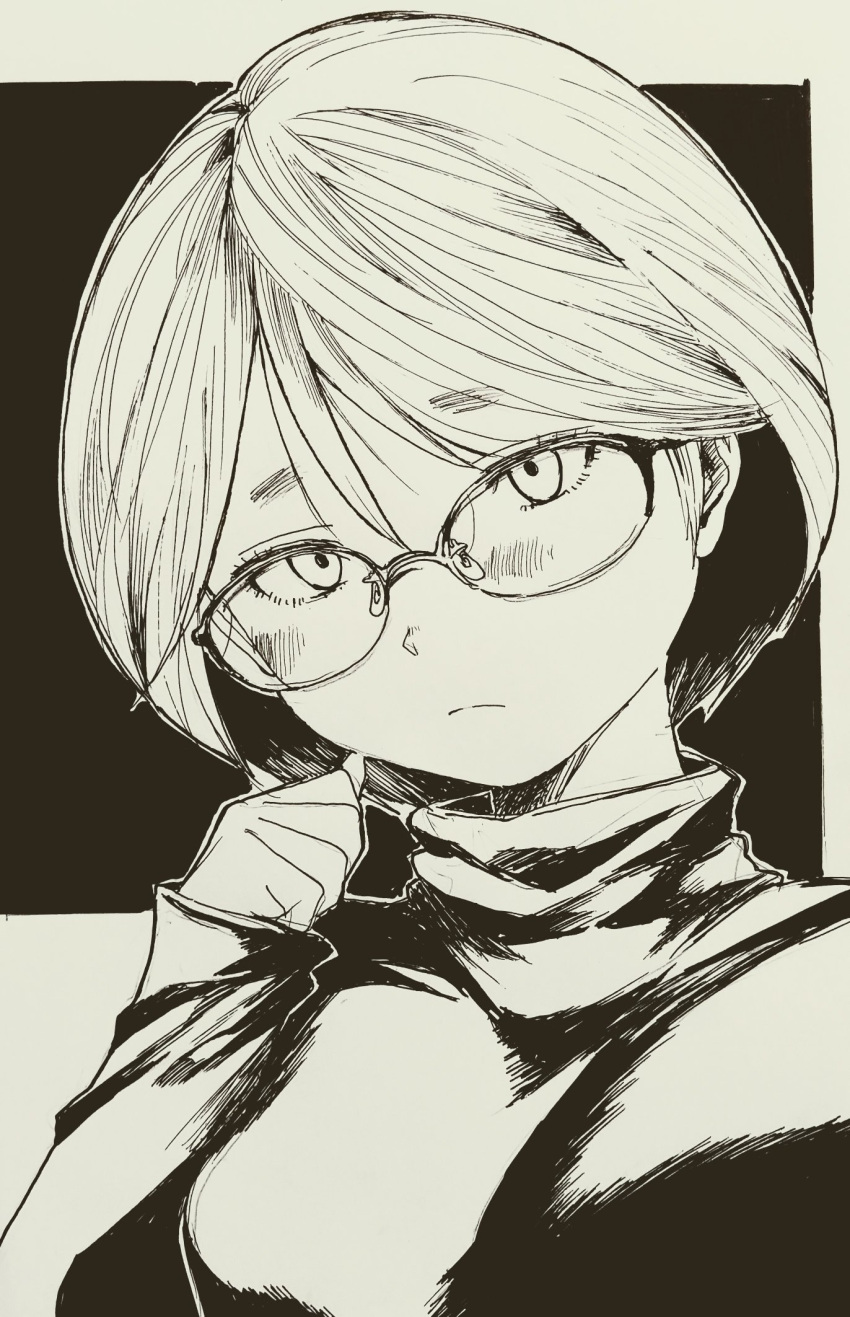 1girl, black_background, blush, borrowed_character, eisu-chan_(eisu), eyelashes, glasses, greyscale, hair_between_eyes, highres, misaki_toji, monochrome, original, short_hair, simple_background, swept_bangs, turtleneck, white_background