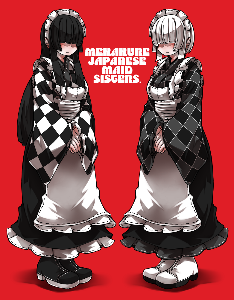 2girls, apron, ayame_hashinimasen, black_footwear, black_hair, black_skirt, black_vs_white, blunt_bangs, blunt_ends, bob_cut, boots, checkered_clothes, closed_mouth, english_text, full_body, hair_over_eyes, long_bangs, long_hair, long_skirt, maid, maid_apron, maid_headdress, multiple_girls, original, own_hands_together, red_background, short_hair, siblings, simple_background, sisters, skirt, standing, wa_maid, white_footwear, white_hair