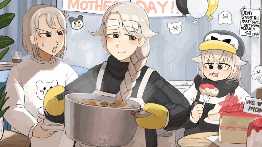 3girls, absurdres, apron, balloon, bird, black_overalls, black_scarf, black_sweater