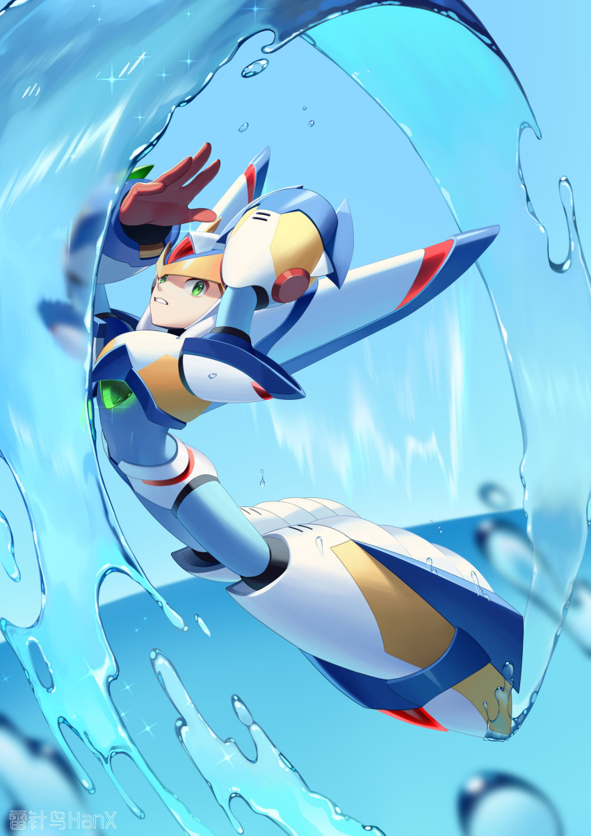 1boy, absurdres, android, armor, blue_helmet, boots, buzzsaw_(6631455), falcon_armor_x_(mega_man), forehead_jewel, full_body, green_eyes, highres, male_focus, mechanical_wings, mega_man_(series), mega_man_x_(series), solo, water, white_armor, white_footwear, white_helmet, wings, x_(mega_man)
