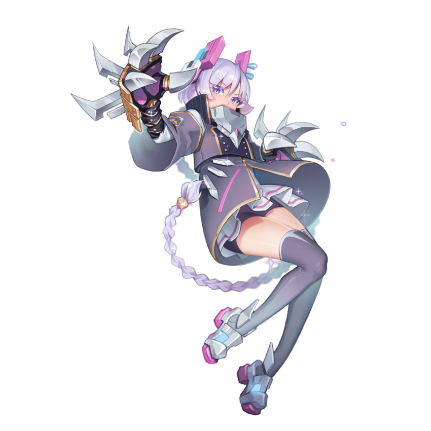 1girl, artist_request, bike_shorts, black_collar, black_shorts, braid, braided_ponytail, buttons, claws, collar, covered_mouth, detached_sleeves, double-breasted, final_gear, full_body, grey_sleeves, grey_thighhighs, hair_between_eyes, hair_tie, headset, highres, horizontal-striped_skirt, long_hair, looking_at_viewer, low-tied_long_hair, low_ponytail, miroa_(final_gear), multicolored_footwear, official_art, pocket, shorts, simple_background, single_braid, single_horizontal_stripe, skirt, solo, sparkle, tachi-e, thigh-highs, third-party_source, transparent_background, very_long_hair, violet_eyes, white_skirt, white_sleeves