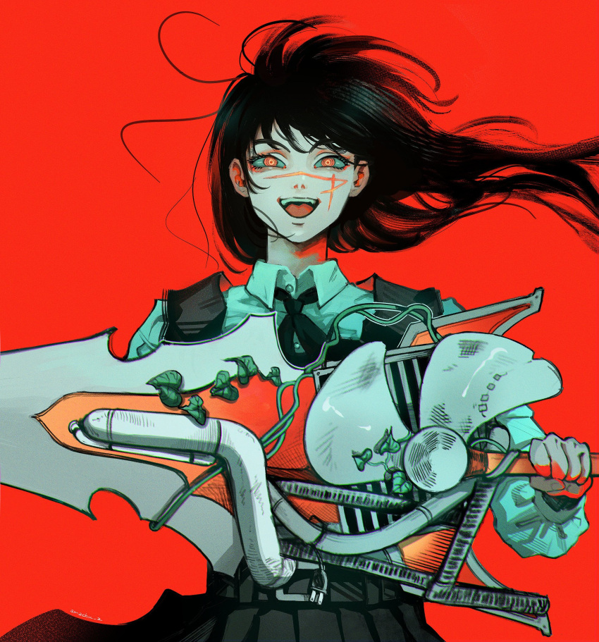 1girl, aegyo_sal, amachu_a, black_hair, chainsaw_man, commentary, cross_scar, dress