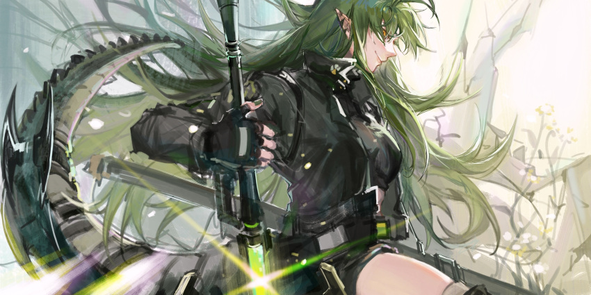 1girl, arknights, belt, black_belt, black_gloves, black_jacket, black_shorts, black_sleeves