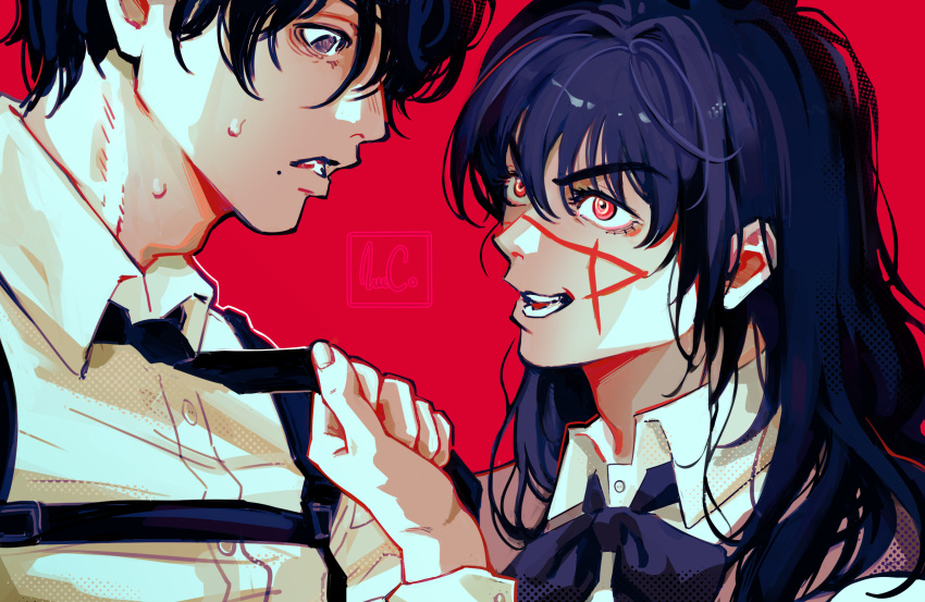 1boy, 1girl, amachu_a, black_eyes, black_hair, black_necktie, chainsaw_man, commentary