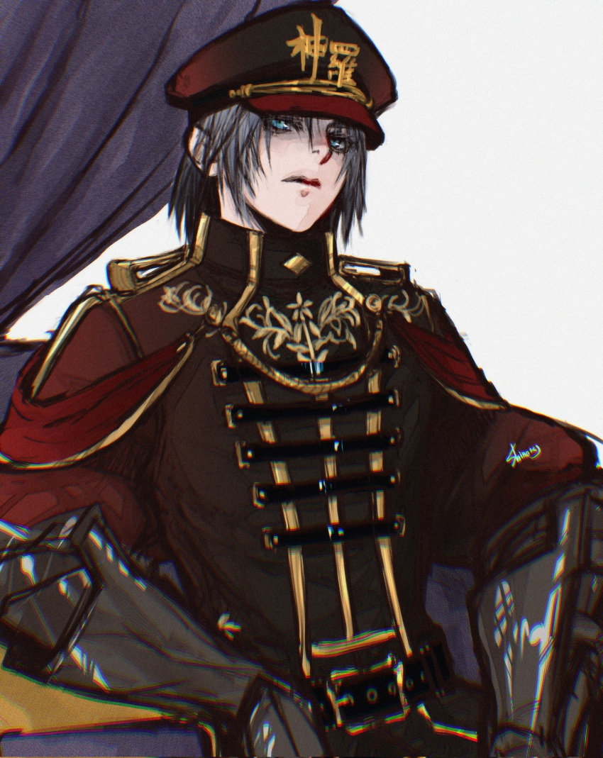 1boy, aged_down, alternate_headwear, aqua_eyes, arm_armor, belt, black_belt, black_gloves
