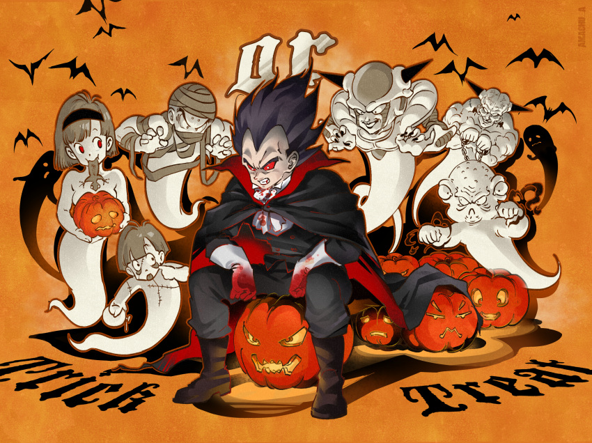 1girl, 6+boys, amachu_a, bandages, bat_(animal), black_cape, black_hair, blood