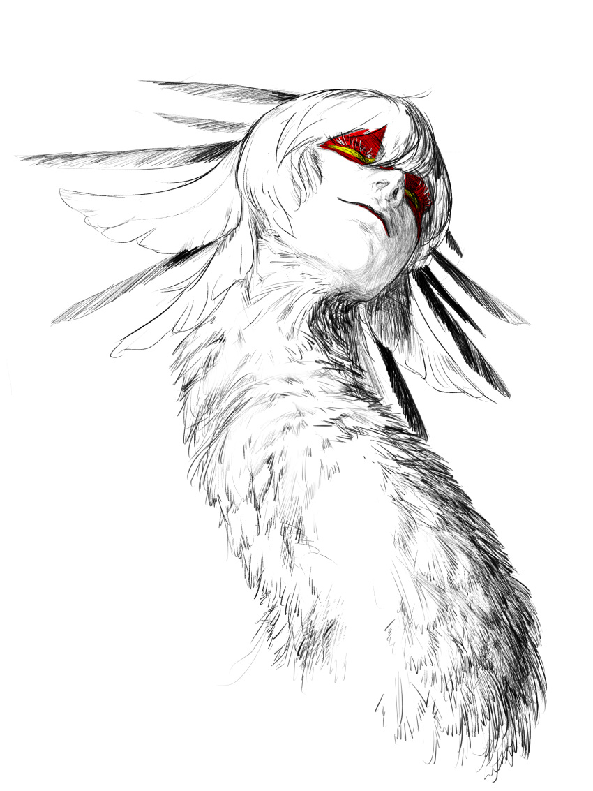 1other, bird, closed_mouth, colored_eyelashes, commentary_request, feather_hair, feathers, highres