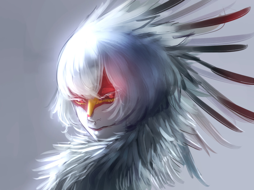 1other, bird, closed_mouth, colored_eyelashes, commentary_request, feather_hair, feathers, grey_background