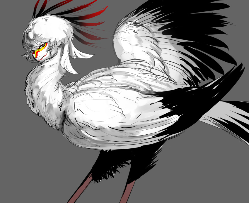 1other, bird, brown_eyes, closed_mouth, commentary_request, cowboy_shot, feather_hair, feathers