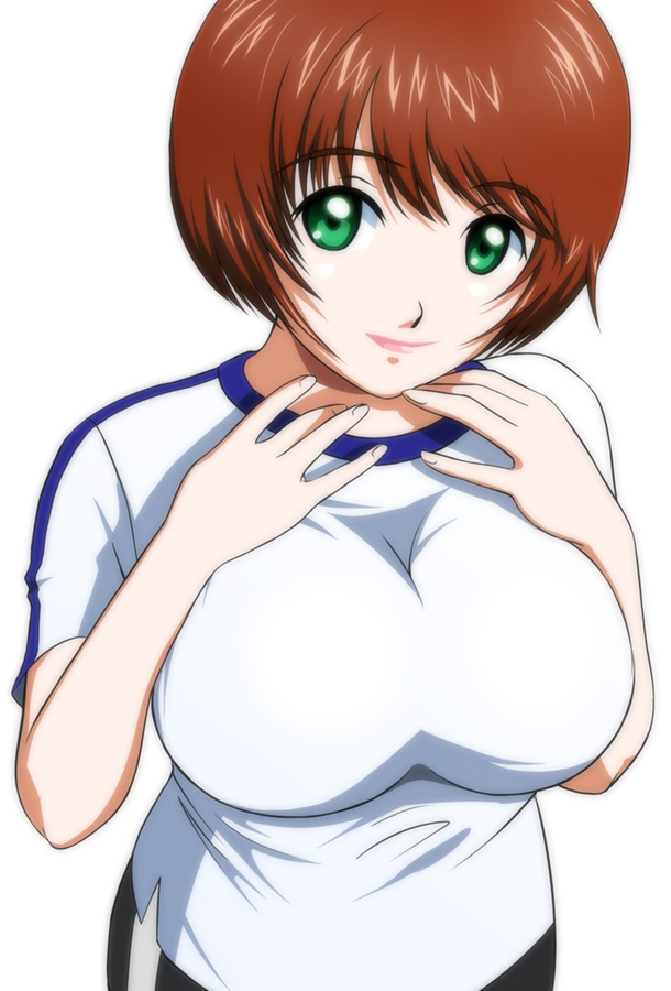 breasts, brown_hair, green_eyes, gym_uniform, large_breasts, lipstick, shopyun, short_hair