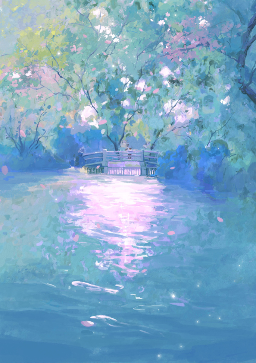 1boy, absurdres, black_pants, blue_shirt, bridge, brown_hair, bush, cherry_blossoms