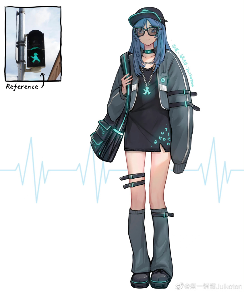 1girl, absurdres, arm_at_side, artist_name, bag, baseball_cap, black-framed_eyewear, black_bag