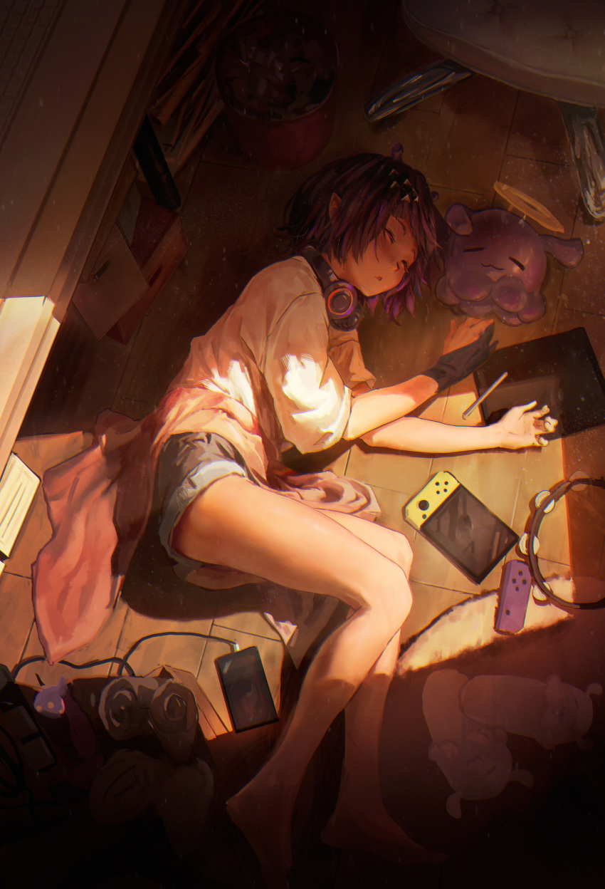 1girl, absurdres, black_gloves, blanket, blue_shorts, cellphone, chair, closed_eyes, commentary, curled_up, denim, denim_shorts, english_commentary, gloves, hair_ornament, hairclip, headphones, headphones_around_neck, highres, hololive, hololive_english, indoors, instrument, kokono_ka, lying, ninomae_ina'nis, nintendo_switch, official_alternate_hairstyle, on_floor, on_side, partially_fingerless_gloves, phone, pointy_ears, purple_hair, rug, shirt, short_hair, short_shorts, shorts, shorts_rolled_up, single_glove, sleeping, slippers, smartphone, solo, stylus, t-shirt, tablet_pc, takodachi_(ninomae_ina'nis), tambourine, trash_can, triangle_mouth, virtual_youtuber, white_shirt, window_shadow, wooden_floor