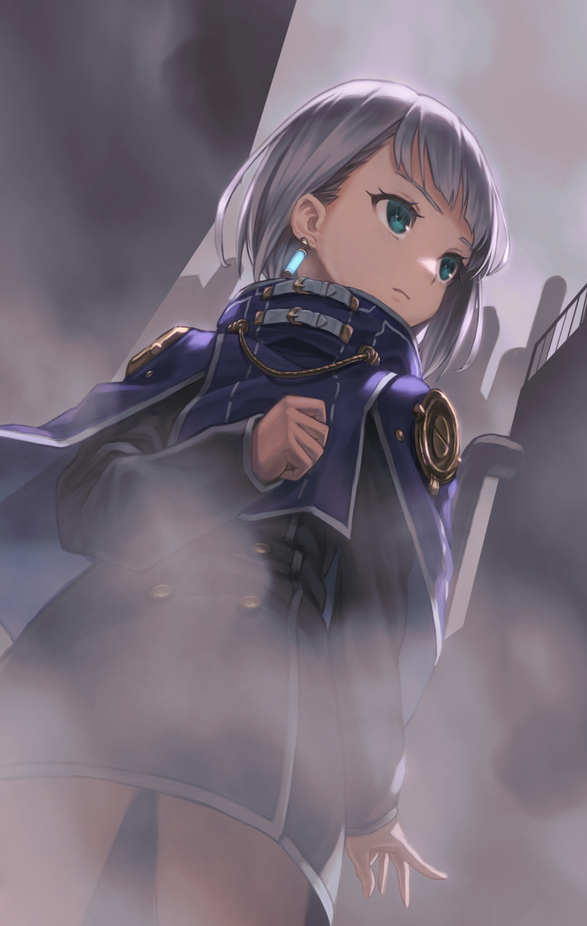 1girl, black_coat, blue_capelet, capelet, coat, commentary_request, cowboy_shot, earrings