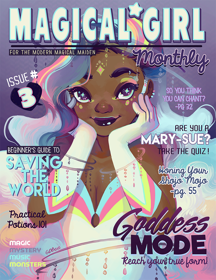 +_+, 1girl, blue_trim, bracelet, cover, dark-skinned_female, dark_skin, dress, earrings, english_text, eyeshadow, facial_mark, fake_magazine_cover, forehead_mark, geneva_bowers, gloves, green_trim, halo, hands_on_own_face, jewelry, long_hair, magazine_cover, magical_girl, makeup, multicolored_hair, original, pink_trim, purple_background, purple_lips, rainbow_eyeshadow, rainbow_hair, sleeveless, sleeveless_dress, solo, very_long_hair, violet_eyes, wavy_hair, white_dress, white_gloves