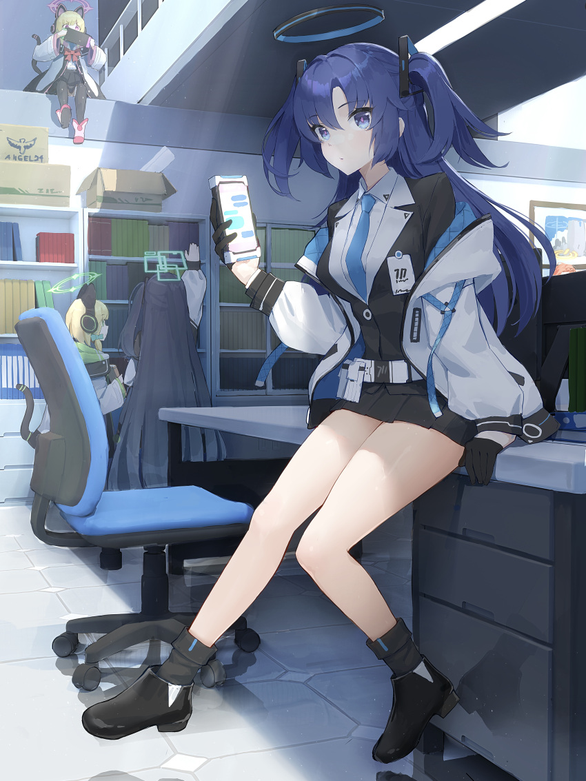 5girls, absurdres, animal_ear_headphones, animal_ears, aris_(blue_archive), arm_support, black_gloves, black_hair