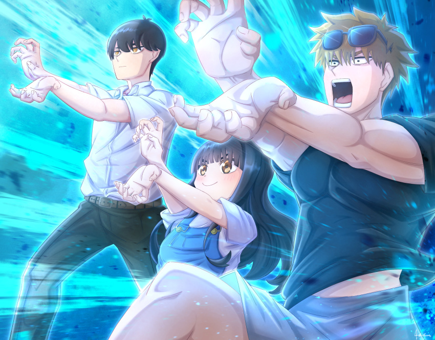 1girl, 2boys, belt, black_hair, black_pants, blonde_hair, blue_shirt, blush