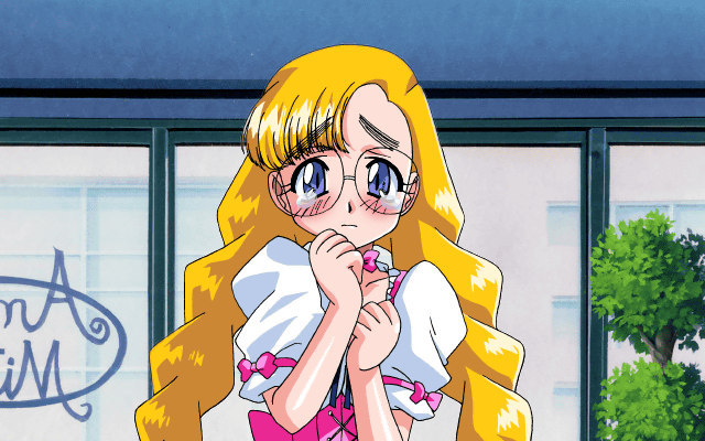 1girl, 2000, animated, animated_gif, anna_miller, blonde_hair, blue_eyes, blush