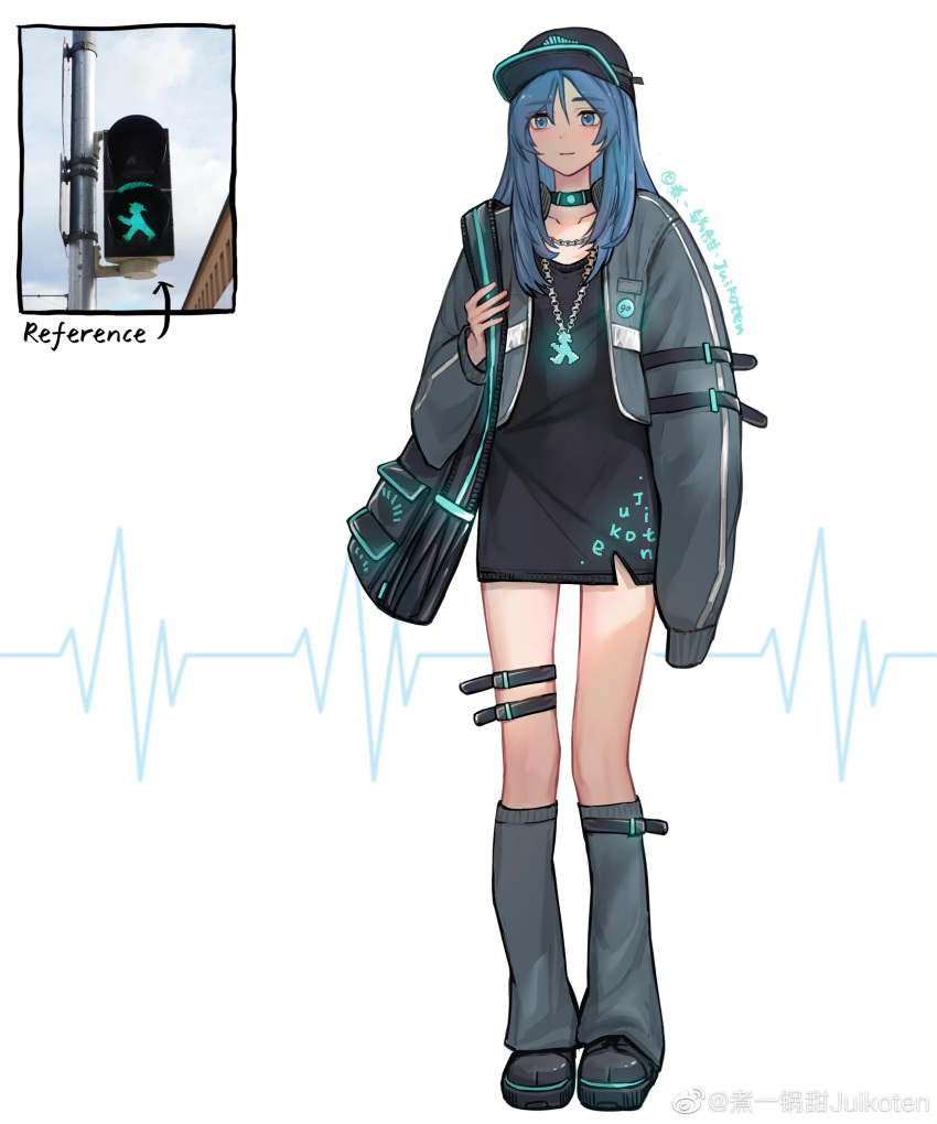 1girl, absurdres, arm_at_side, artist_name, bag, baseball_cap, black_bag, black_choker