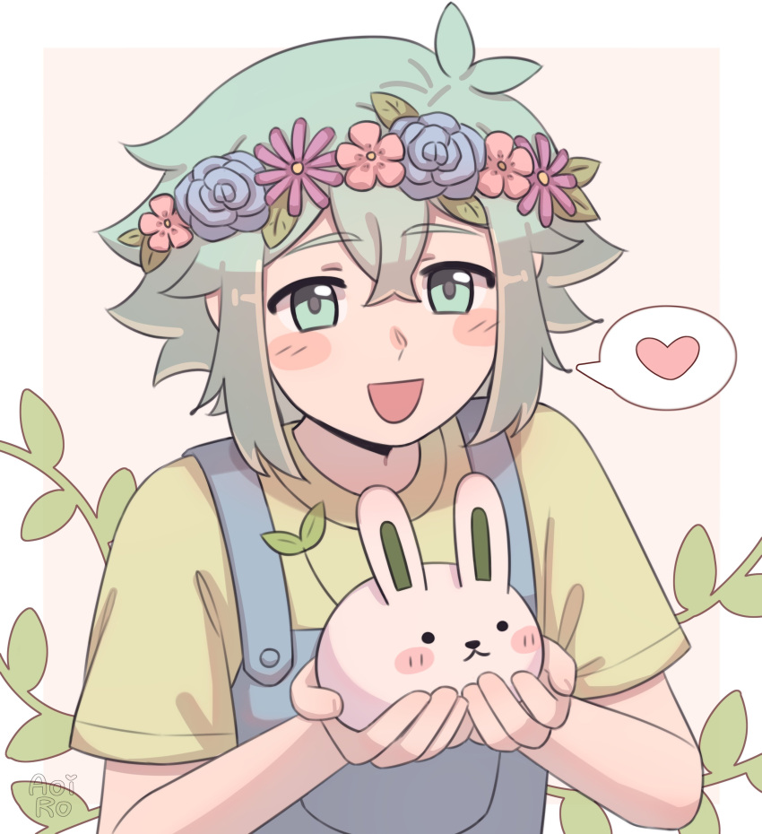 1boy, absurdres, aoiro_arts, basil_(headspace)_(omori), basil_(omori), blue_overalls, flower, green_eyes